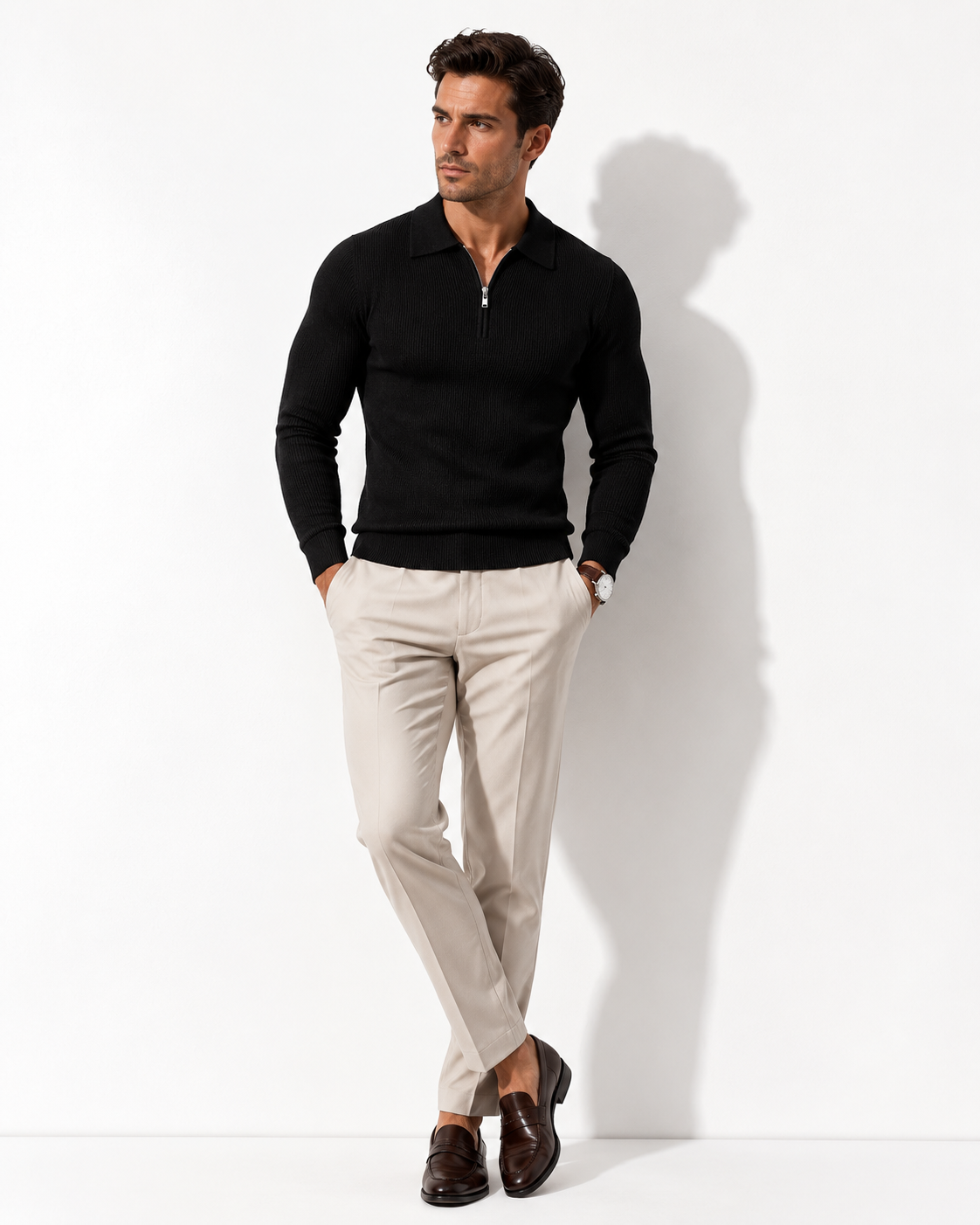 Men’s Long-Sleeve Knit Polo – Textured Half-Zip Urban Essential