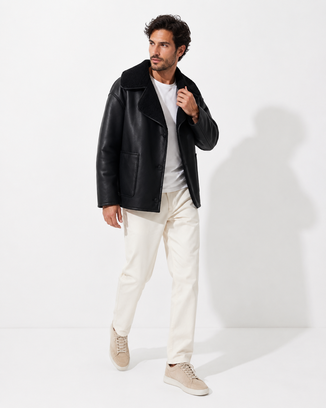 Men’s Premium Leather Winter Coat with Plush Collar – Refined Urban Style