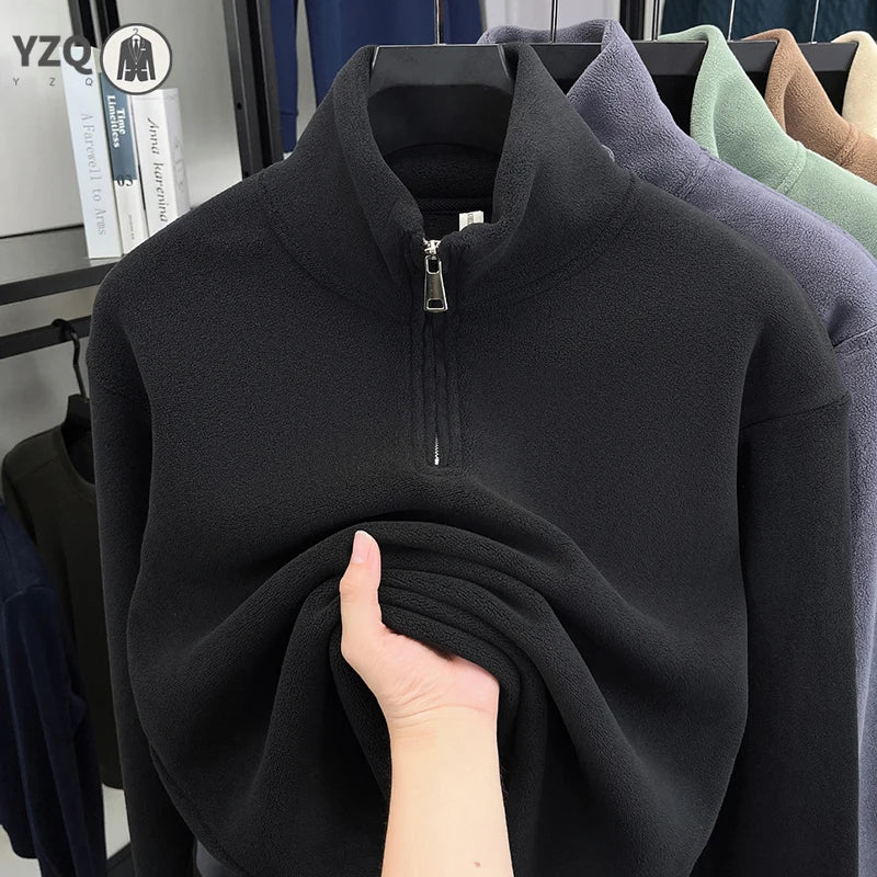 Men's Velvet Hoodie Long Sleeve High Collar Zipper T-Shirt Solid Color Casual Fashion Autumn Winter Versatile Top