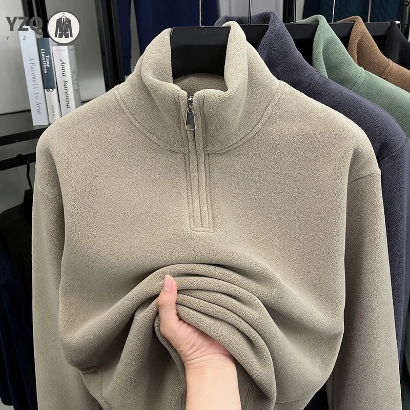 Men's Velvet Hoodie Long Sleeve High Collar Zipper T-Shirt Solid Color Casual Fashion Autumn Winter Versatile Top