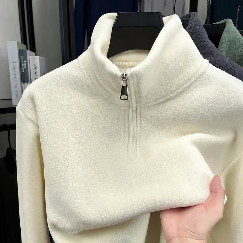 Men's Velvet Hoodie Long Sleeve High Collar Zipper T-Shirt Solid Color Casual Fashion Autumn Winter Versatile Top