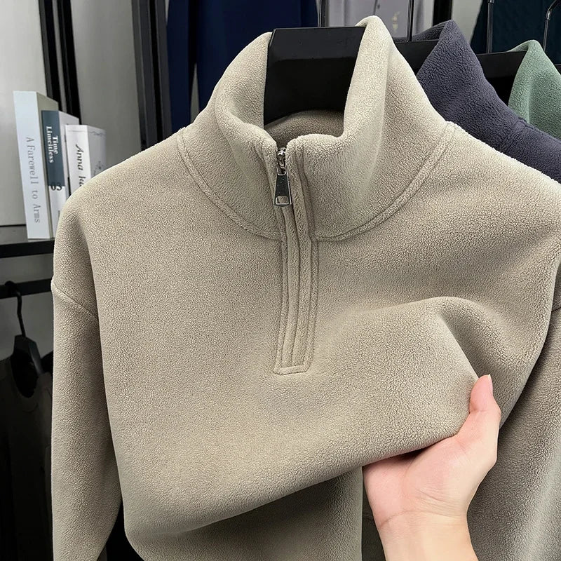Men's Velvet Hoodie Long Sleeve High Collar Zipper T-Shirt Solid Color Casual Fashion Autumn Winter Versatile Top