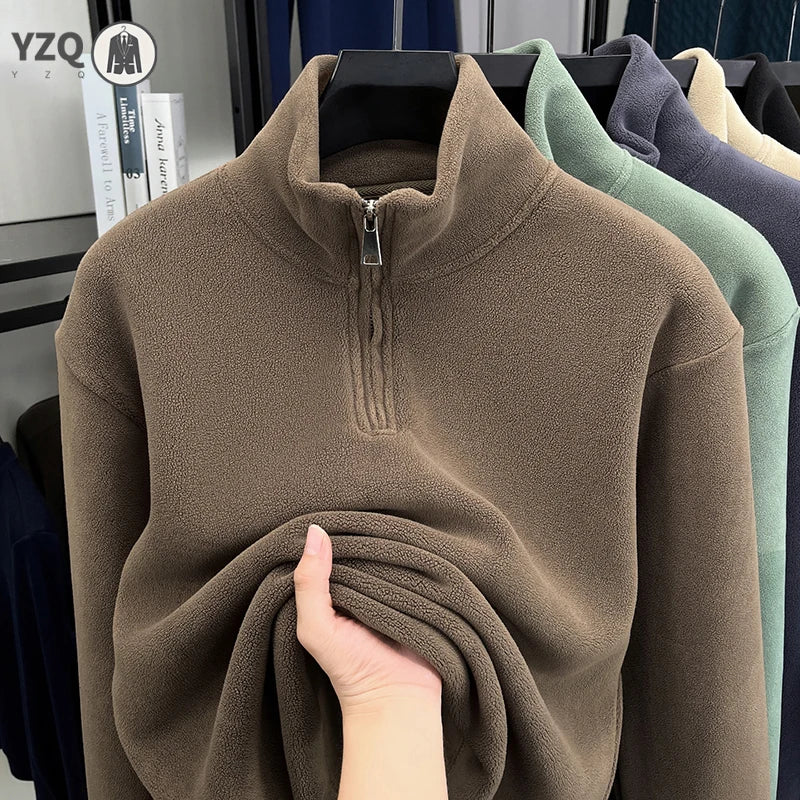 Men's Velvet Hoodie Long Sleeve High Collar Zipper T-Shirt Solid Color Casual Fashion Autumn Winter Versatile Top