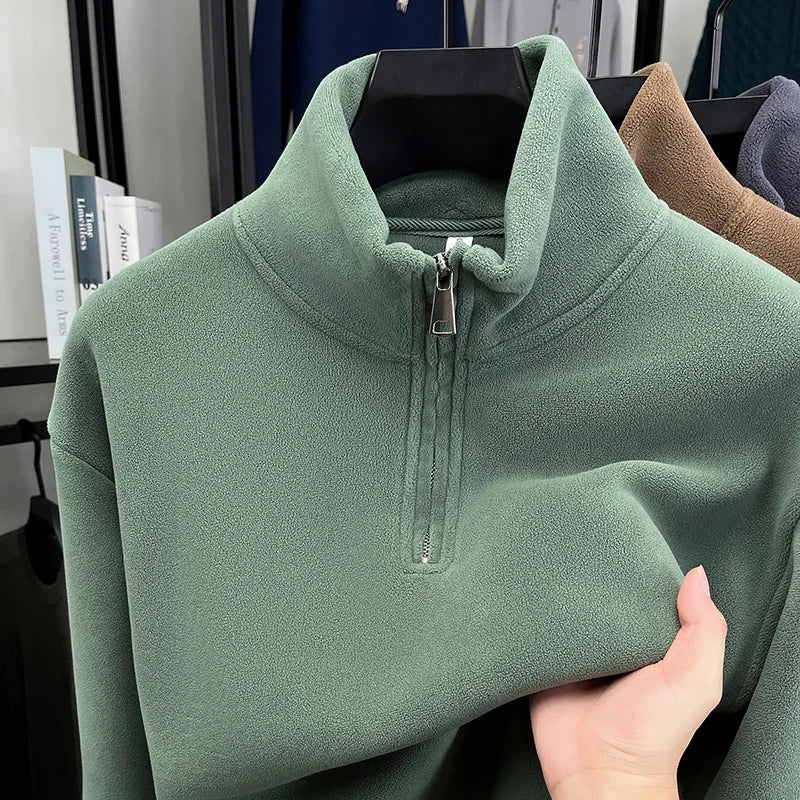 Men's Velvet Hoodie Long Sleeve High Collar Zipper T-Shirt Solid Color Casual Fashion Autumn Winter Versatile Top