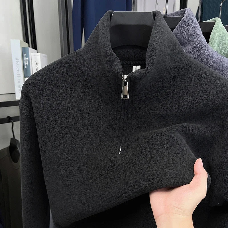 Men's Velvet Hoodie Long Sleeve High Collar Zipper T-Shirt Solid Color Casual Fashion Autumn Winter Versatile Top
