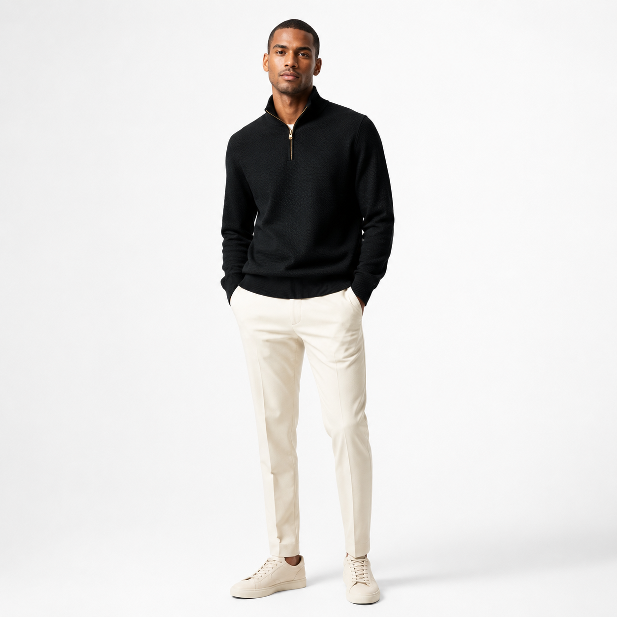Men’s Stand-Up Collar Half-Zip Sweater – Premium Thick Knit Style