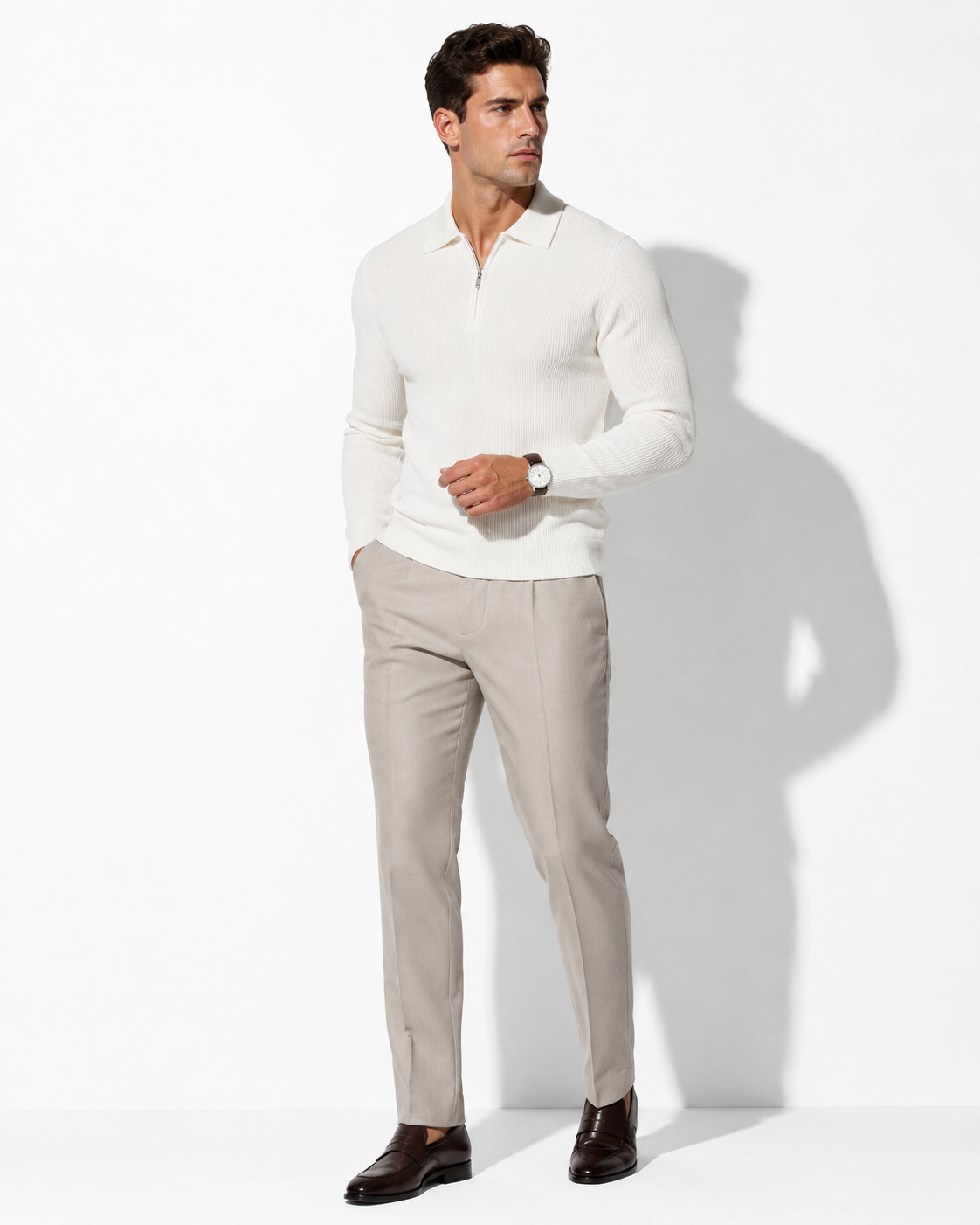 Men’s Long-Sleeve Knit Polo – Textured Half-Zip Urban Essential