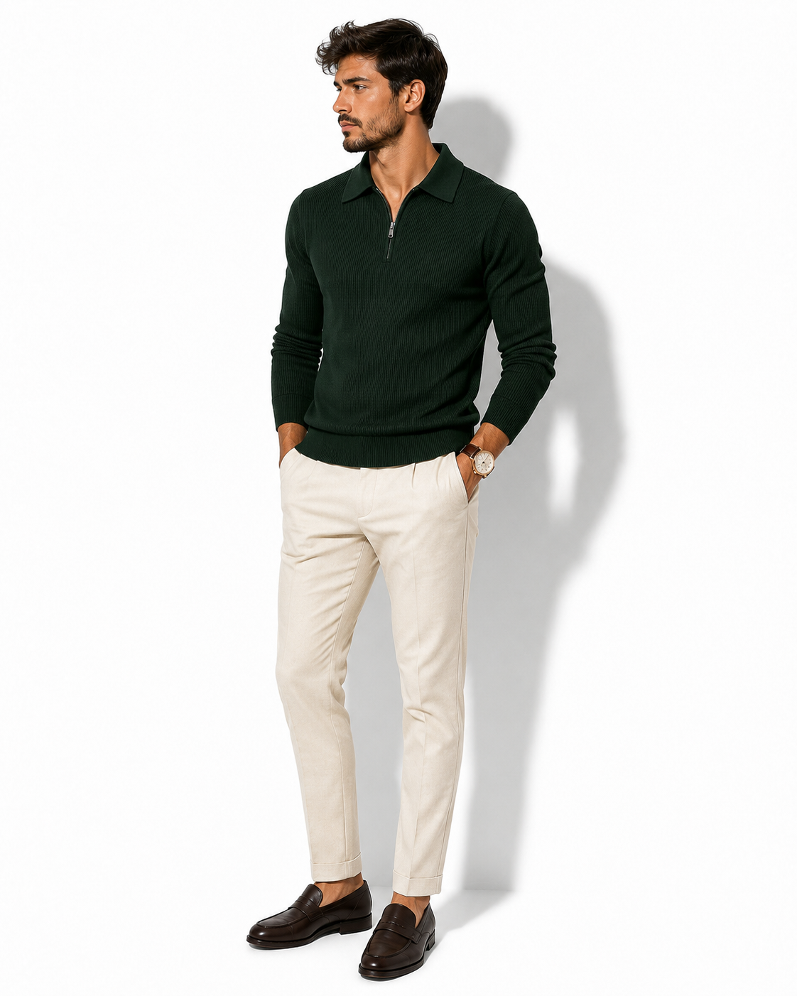 Men’s Long-Sleeve Knit Polo – Textured Half-Zip Urban Essential
