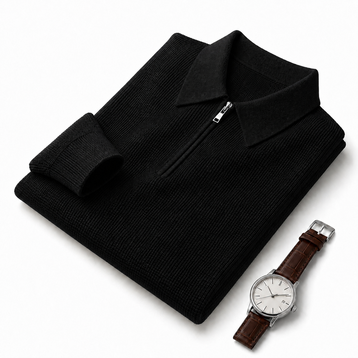 Men’s Long-Sleeve Knit Polo – Textured Half-Zip Urban Essential