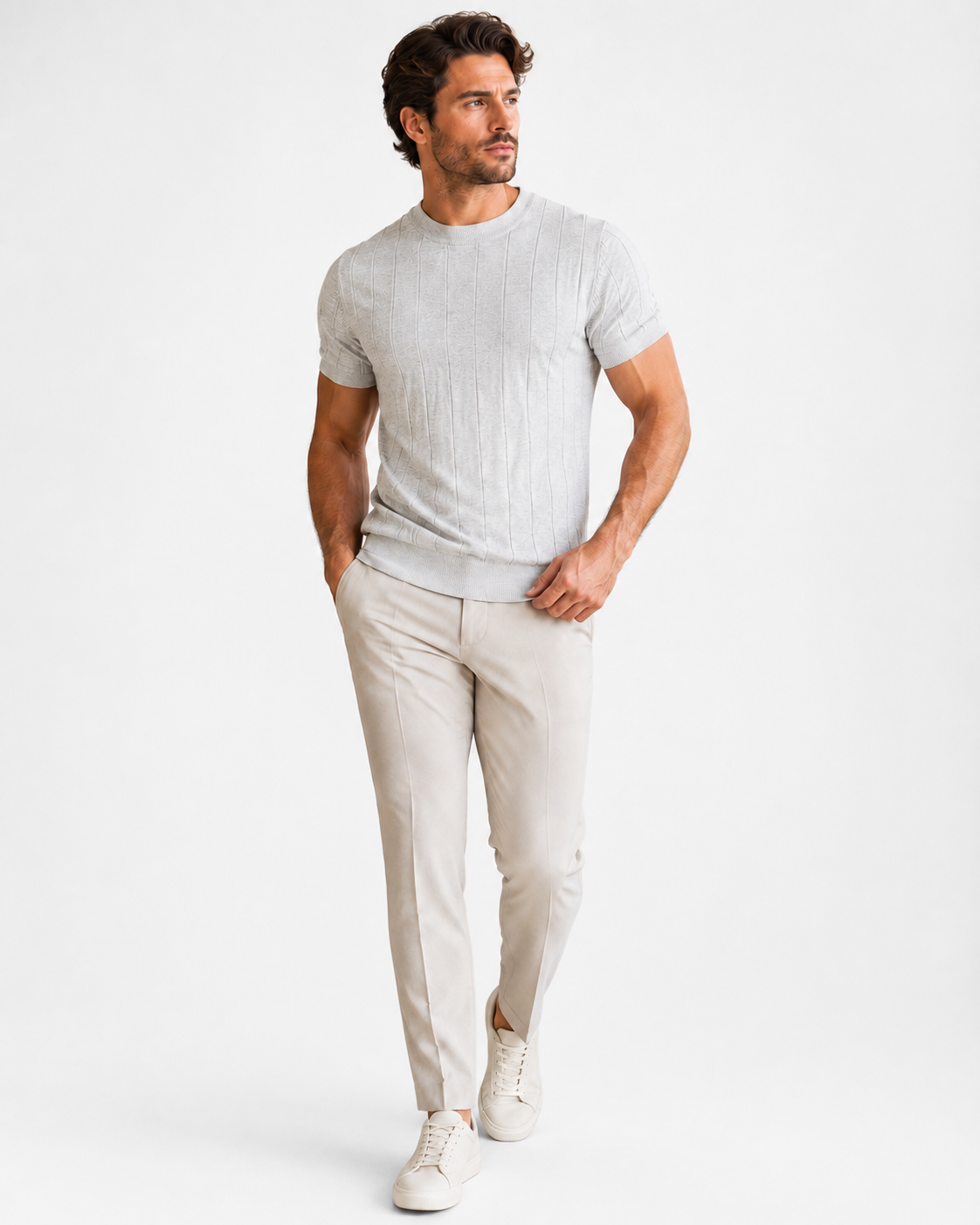 Men’s Ribbed Knit Short-Sleeve Sweater – Elegant Transitional Wear