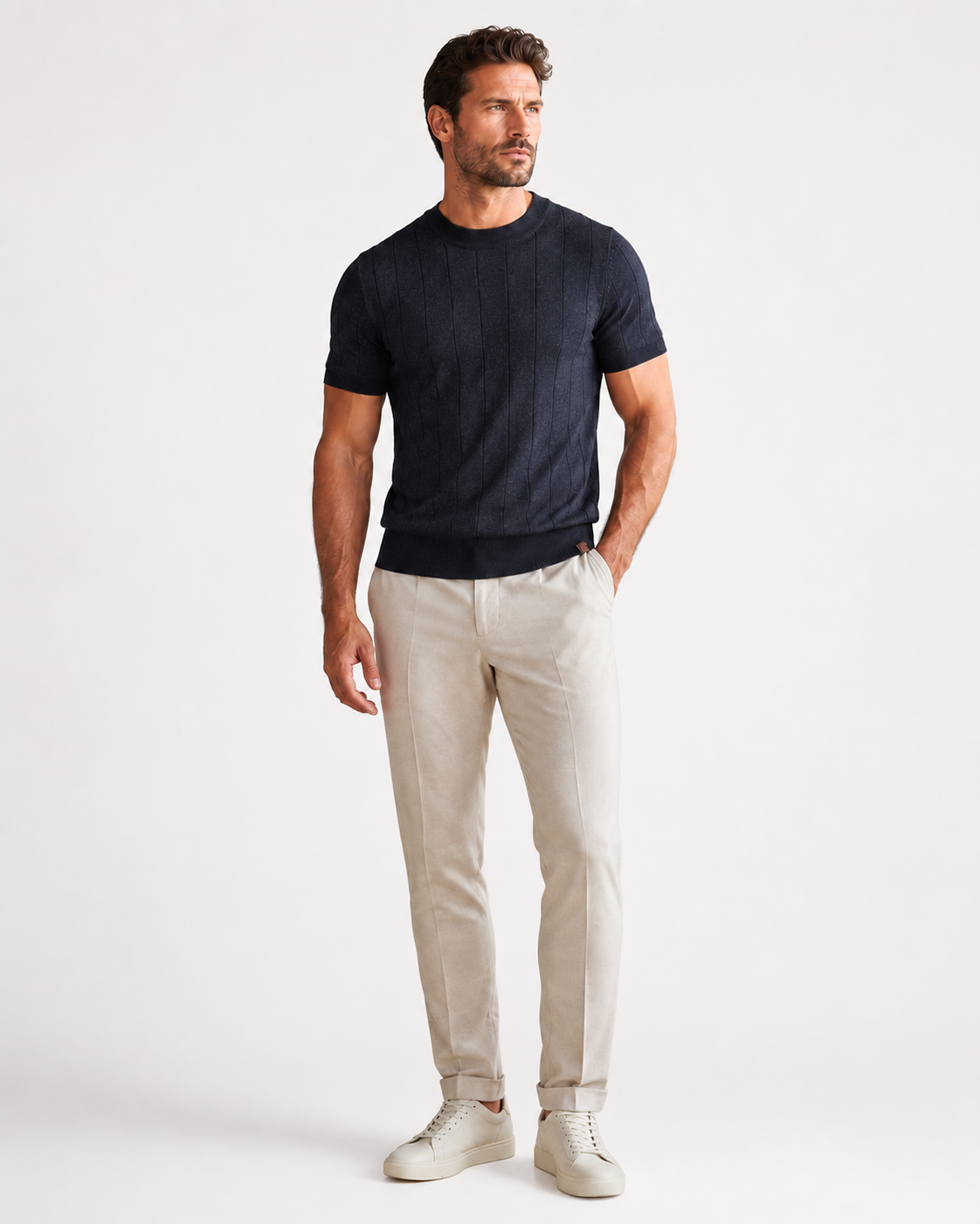 Men’s Ribbed Knit Short-Sleeve Sweater – Elegant Transitional Wear