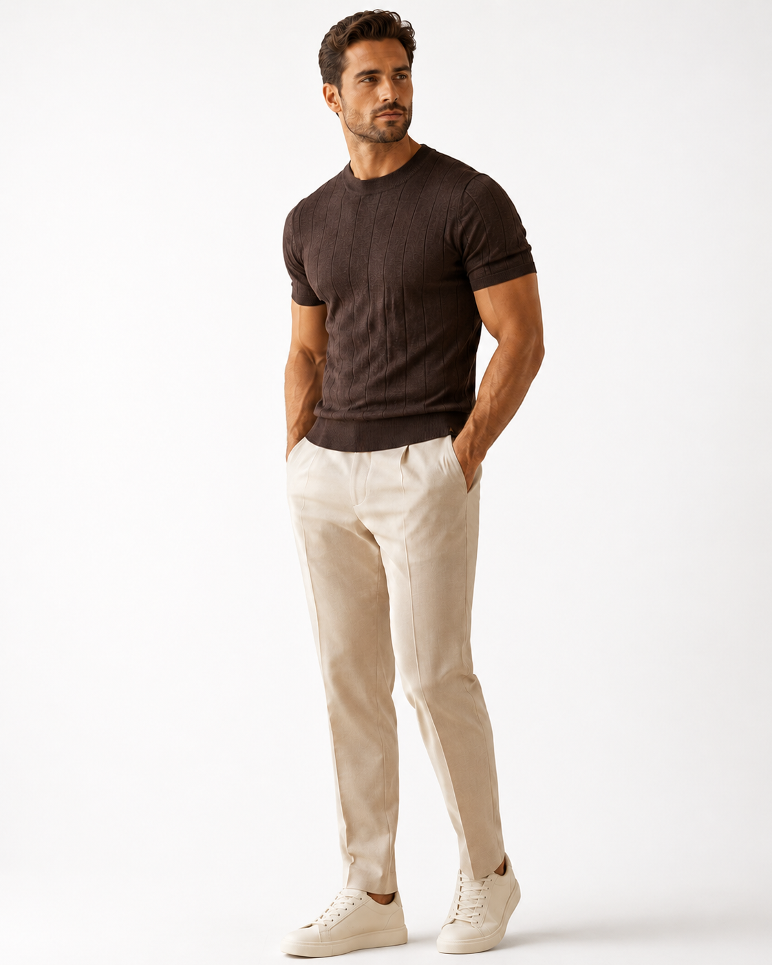 Men’s Ribbed Knit Short-Sleeve Sweater – Elegant Transitional Wear