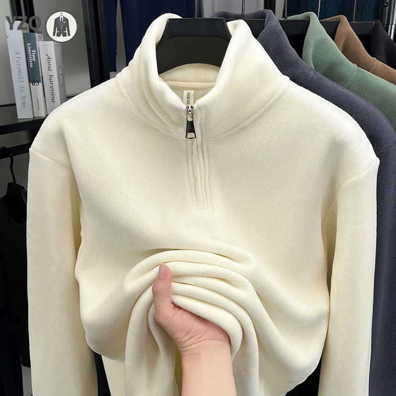 Men's Velvet Hoodie Long Sleeve High Collar Zipper T-Shirt Solid Color Casual Fashion Autumn Winter Versatile Top