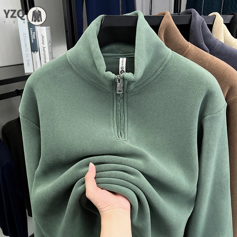Men's Velvet Hoodie Long Sleeve High Collar Zipper T-Shirt Solid Color Casual Fashion Autumn Winter Versatile Top