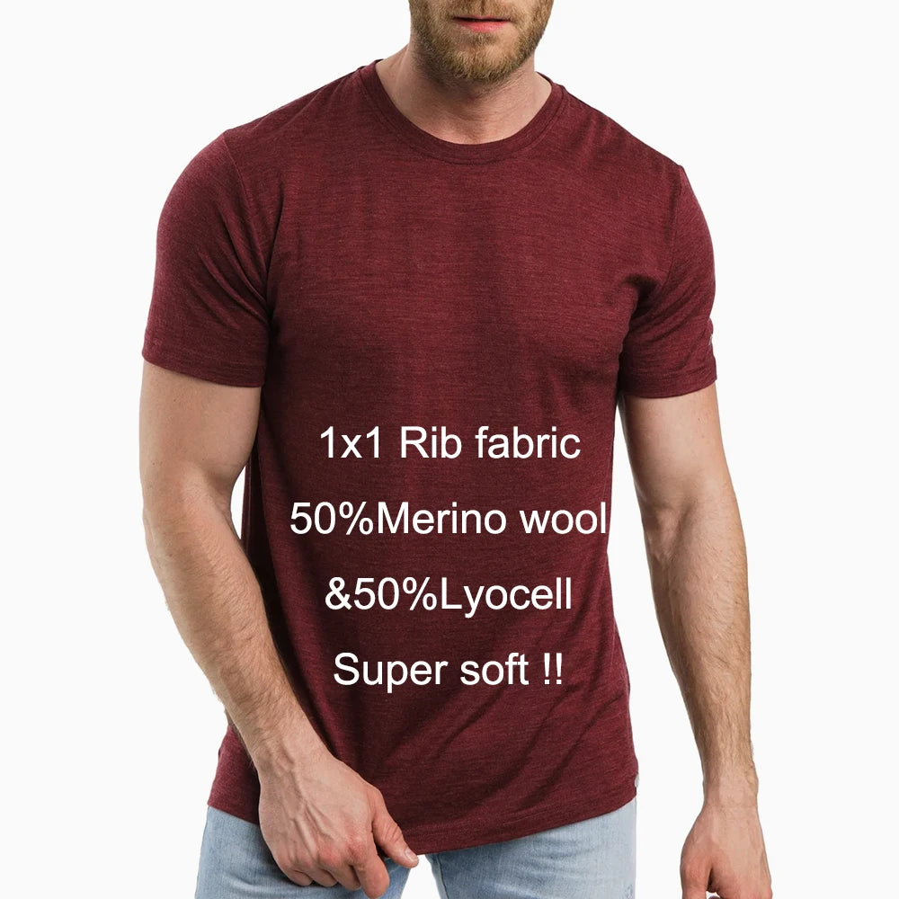 Men's 100% Superfine Merino Wool T-Shirt Base Layer Wicking Breathable Quick Dry Anti-Odor No-itch Comfortable Fit Size