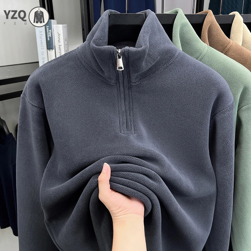 Men's Velvet Hoodie Long Sleeve High Collar Zipper T-Shirt Solid Color Casual Fashion Autumn Winter Versatile Top