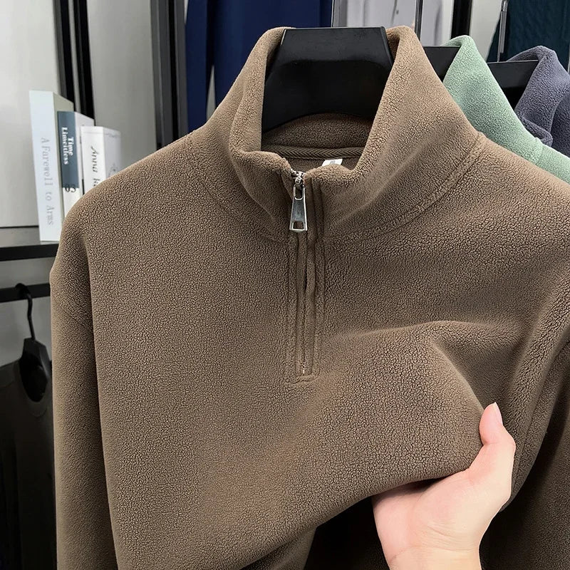 Men's Velvet Hoodie Long Sleeve High Collar Zipper T-Shirt Solid Color Casual Fashion Autumn Winter Versatile Top