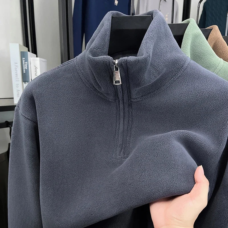 Men's Velvet Hoodie Long Sleeve High Collar Zipper T-Shirt Solid Color Casual Fashion Autumn Winter Versatile Top