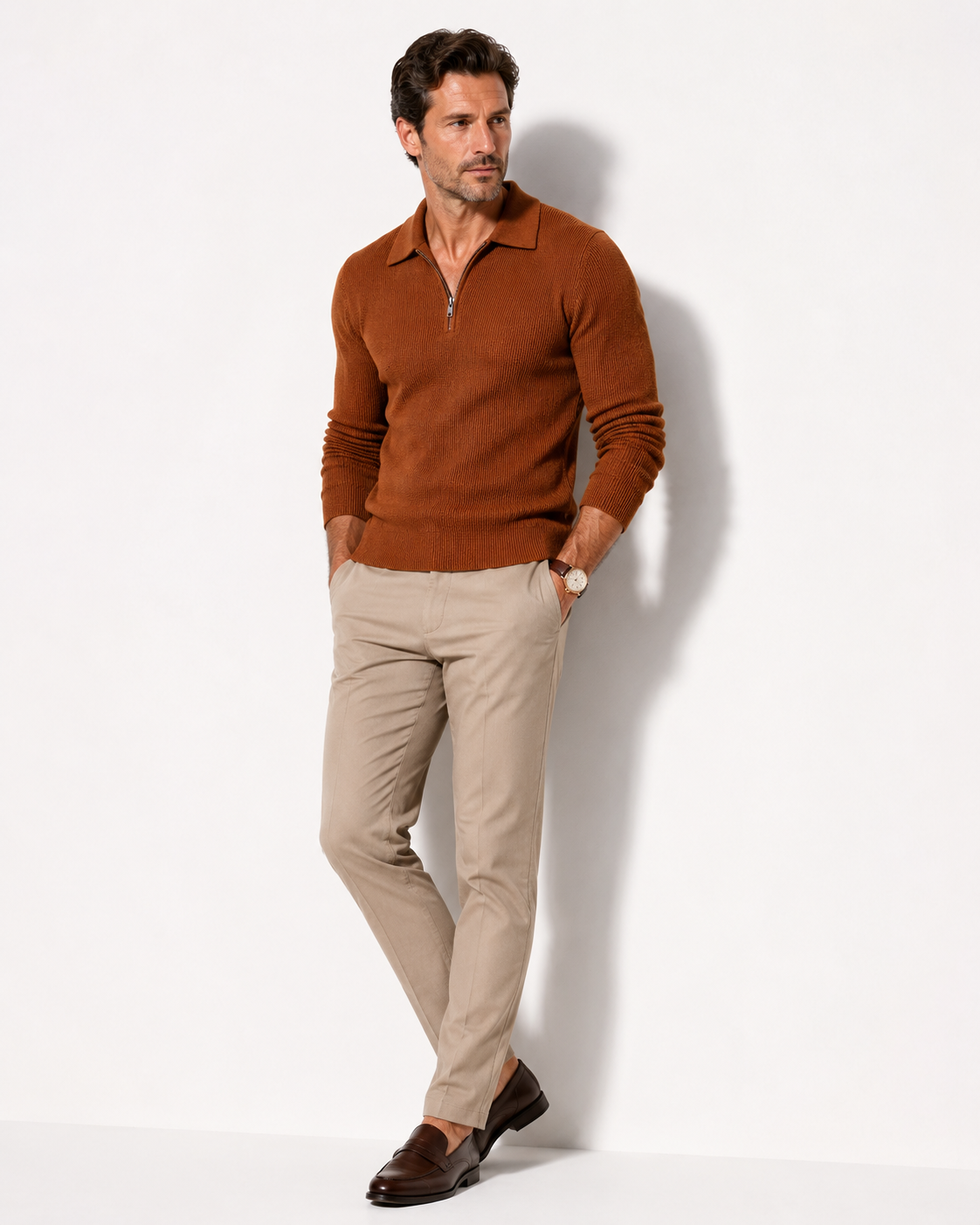 Men’s Long-Sleeve Knit Polo – Textured Half-Zip Urban Essential