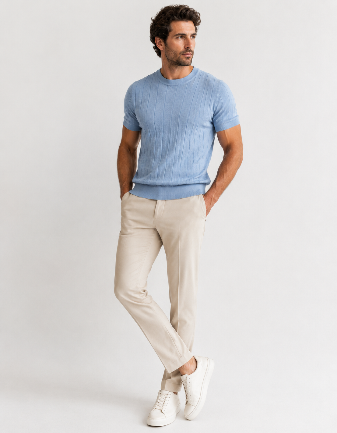 Men’s Ribbed Knit Short-Sleeve Sweater – Elegant Transitional Wear